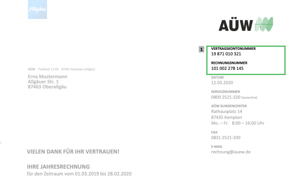 Jahresrechnung Vertragskontonummer Rechnungsnummer